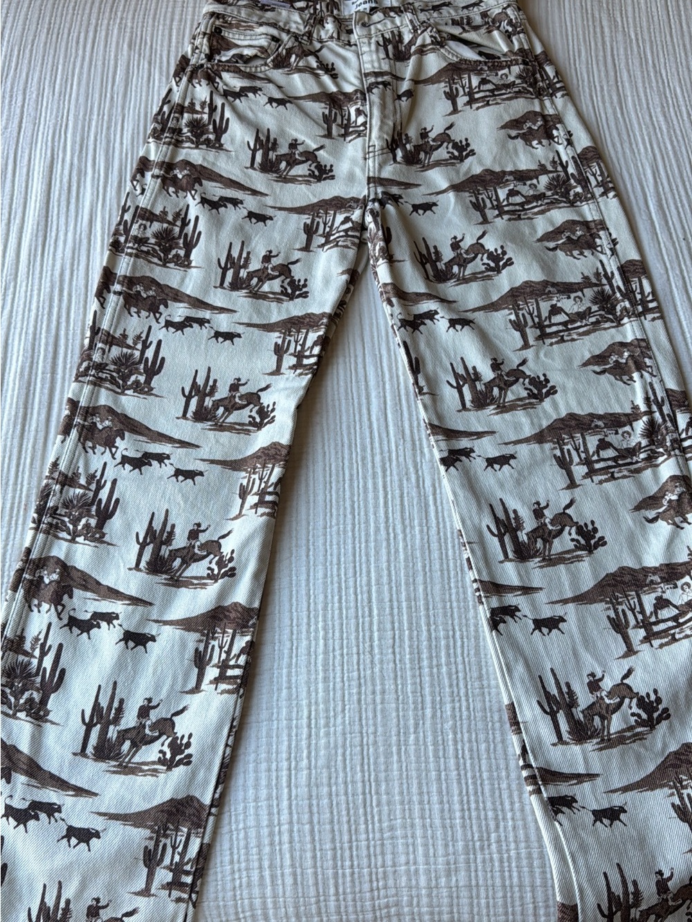 Reformation Cream Straight-Leg Pants with Brown Western Print